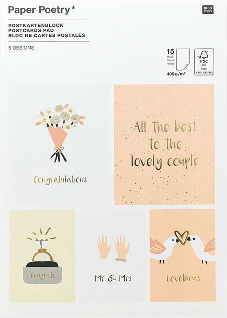 Rico Design Paper Poetry Postkartenblock Hochzeit mit 15 Karten in Puder, Weiß und Mehrfarbig - Bild 1