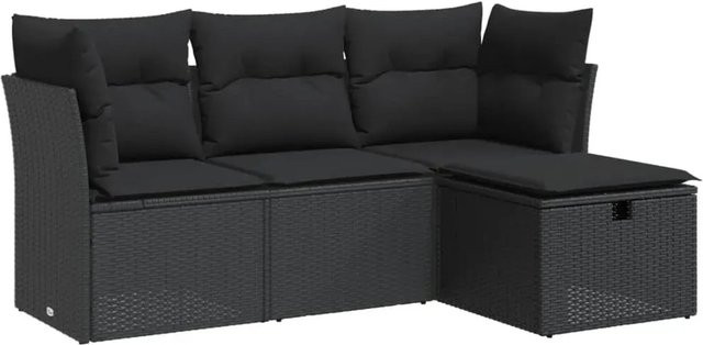 vidaXL 4-tlg. Garten-Sofagarnitur in L-Form mit Kissen und Ottoman, Schwarz, Poly-Rattan mit pulverbeschichtetem Metallgestell - Bild 1