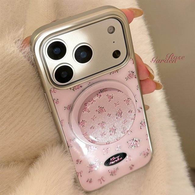 MUQGEW Handyhülle mit koreanischem Blumenmuster und silberner Randbeschichtung für iPhone 12 bis 17 Pro Max, magnetisch und stoßfest, Farbe: Pink/Silber - Bild 1