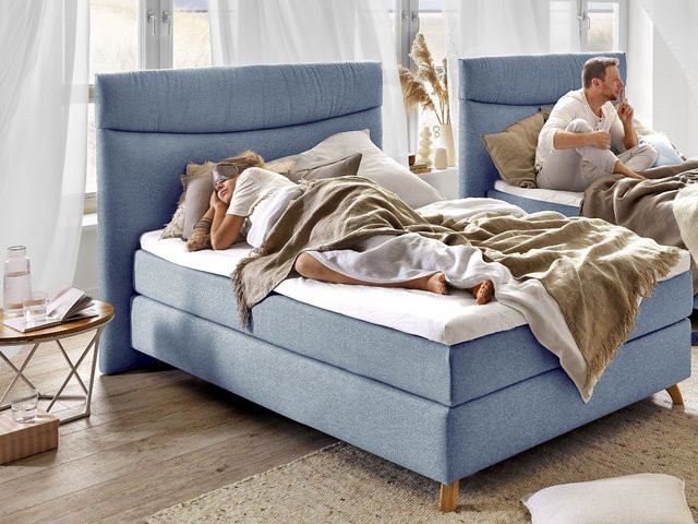 Boxspringbett SANSIBAR LIVING Langeoog in Blau mit Eiche und Stoffbezug, B/T: 100 x 200 cm - Bild 1