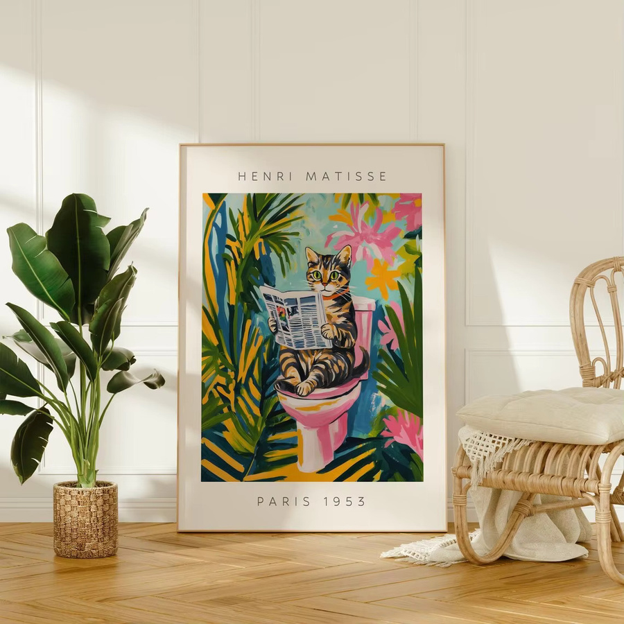 Matisse-Stil Poster mit Tabby-Katze auf der Toilette in Rosa und Multicolour, Lustige Badezimmer-Wandkunst mit tropischem Blumenmuster von SHENCHEN - Bild 4