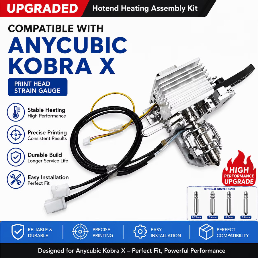 Anycubic Kobra X Hotend-Montagekit in Silber mit Dehnungsmessfühler und Düsen in 0,25 mm, 0,4 mm, 0,6 mm und 0,8 mm sowie Druckkopf für FDM 3D-Drucker - Bild 2