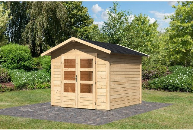 Karibu Holz-Gartenhaus Tessin aus Fichtenholz in Natur mit Boden, Dachschindeln und Buntbartschloss, B/T: 240 x 240 cm - Bild 1
