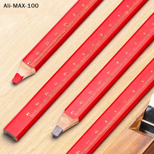 MA3 12er Set elliptische Holzbearbeitungsstifte mit Skala, flache Markierungsstifte in Schwarz und Rot, DIY-Zubehör für Handwerk und Holzbearbeitung - Bild 1