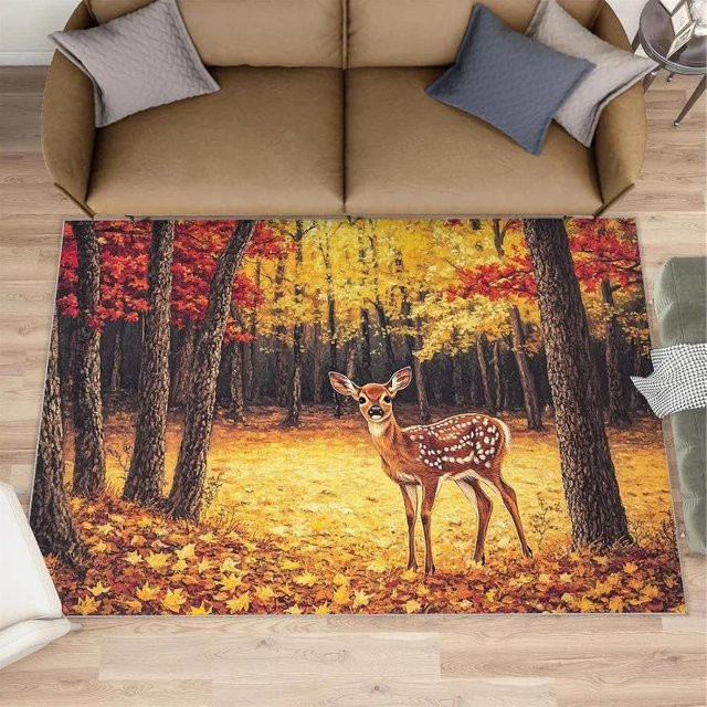 VIKAMA Vintage-Teppich mit Rentiermuster und Kiefernbaum in Multicolour, rutschfester Ethno-Teppich für Wohnzimmer und Schlafzimmer - Bild 1