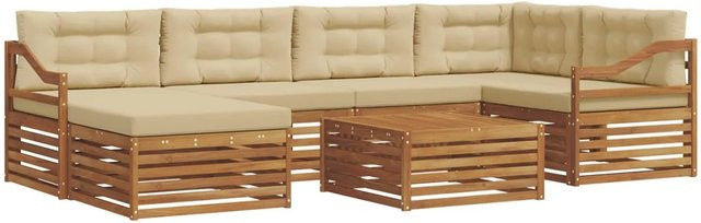 vidaXL Outdoor-Sofagarnitur 7-teilig in L-Form aus Akazienholz mit Kissen in Natur und Beige - Bild 1