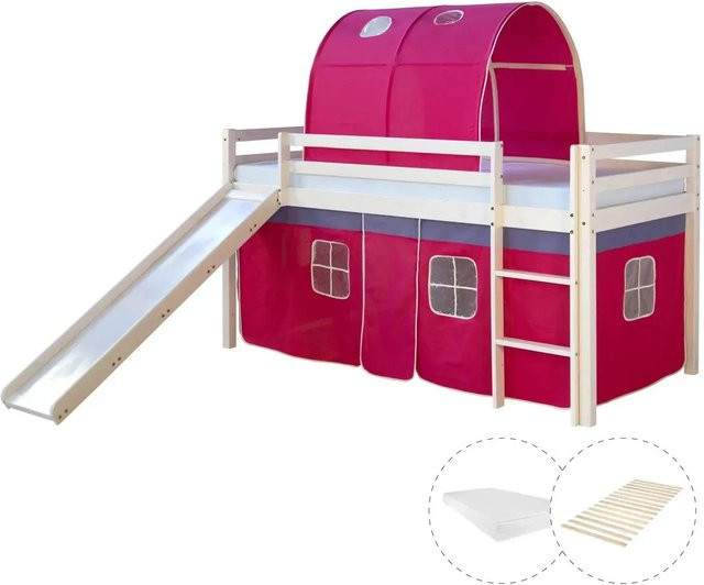 Homestyle4u Kinder Hochbett aus Kiefernholz mit Rutsche, Tunnel, Vorhang und Matratze in Weiß - Bild 1