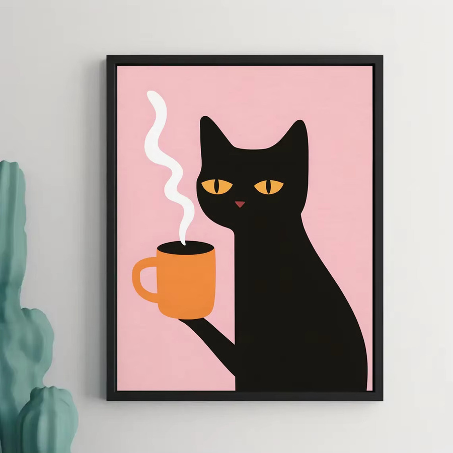 Minimalistischer Wandkunstdruck von SHENCHEN mit schwarzer Katze und Kaffeetasse auf zartrosa Hintergrund, modernes Katzenposter aus Papier - Bild 4