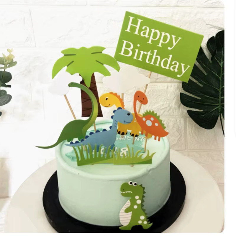 Alivparty Dinosaurier Kuchen Topper Set mit Kokospalmen aus Papier für Kindergeburtstag und Baby Shower in Mehrfarbig - Bild 2