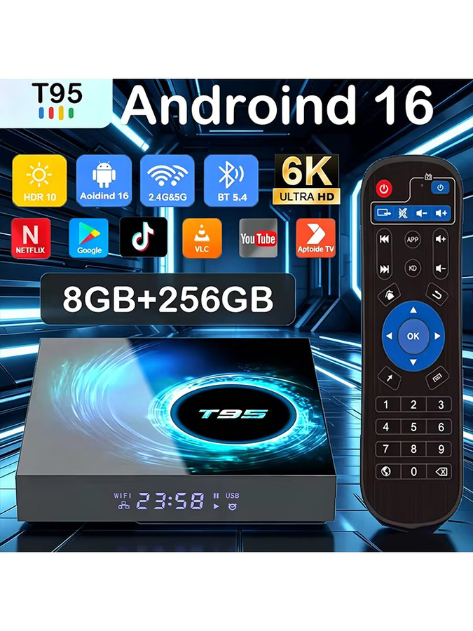 T95 Smart TV Box Android 16 Media Streamer mit 8GB RAM und 256GB Speicher, Allwinner H616, 8K Unterstützung, Netflix, Google Assistant, WLAN 5G und Bluetooth 6.0, Schwarz - Bild 7
