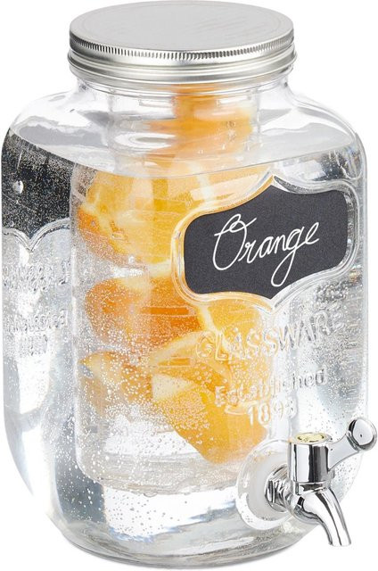 Relaxdays Getränkespender aus Glas in Transparent mit Fruchteinsatz und silbernen Akzenten, 4 l - Bild 1