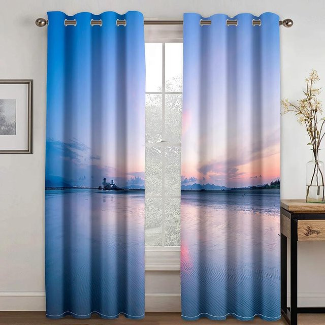 Yiran Furniture Verdunkelungsvorhang Kokospalmenlandschaft mit Strandmotiv, Blau, B: 55 cm, H: 120 cm, 2er-Set mit Ösen - Bild 1