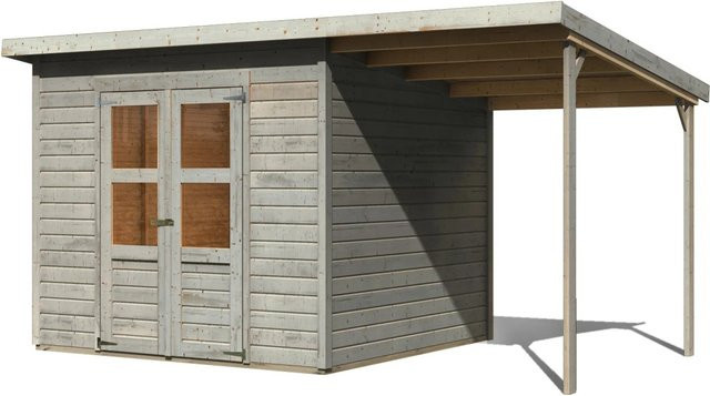 Karibu Gartenhaus Vellinge aus Massivholz mit Anbaudach und Pultdach, Grau, B/T/H: 219 x 238 x 240 cm - Bild 1