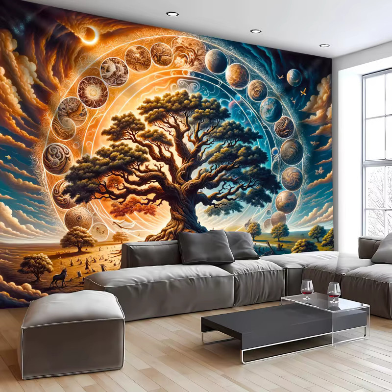 VIKAMA Kosmischer Baum des Lebens Wandteppich, abstrakter Boho Wandbehang in Multicolour - Bild 3