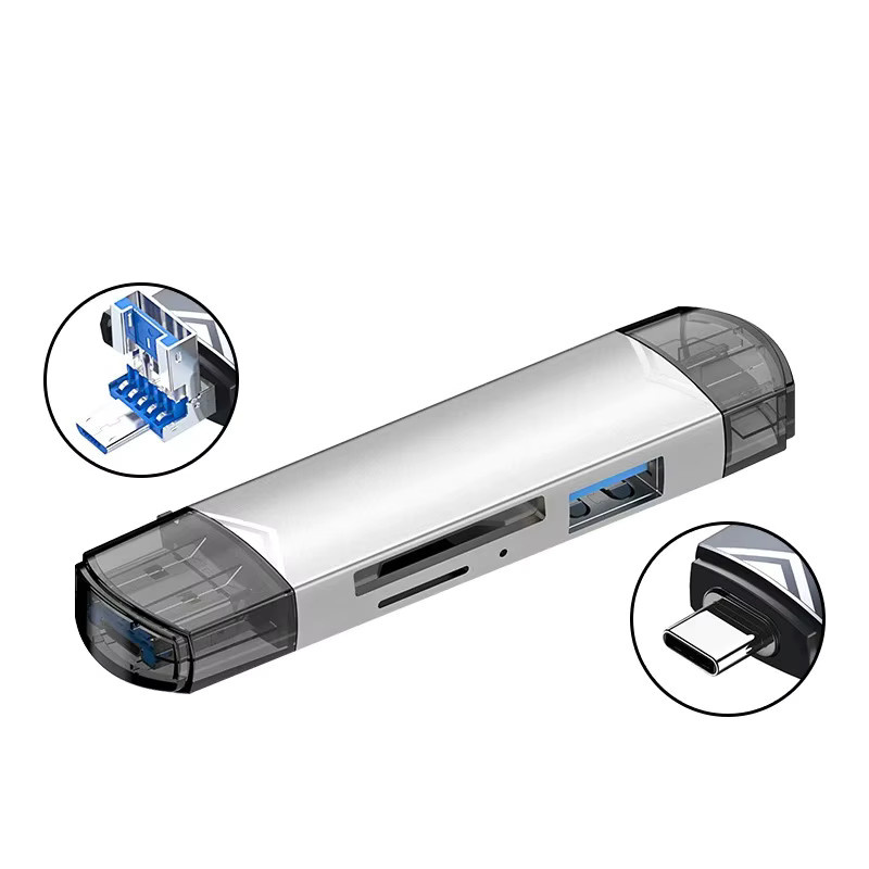 VAORLO 6-in-1 OTG Multifunktions-USB-3.0-Kartenleser mit USB-C und USB-A für SD und TF Speicherkarten, Weiß - Bild 5
