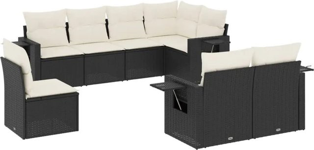 vidaXL 8-teilige Garten-Sofagarnitur in L-Form aus Poly-Rattan mit Kissen in Schwarz und Cremeweiß - Bild 1