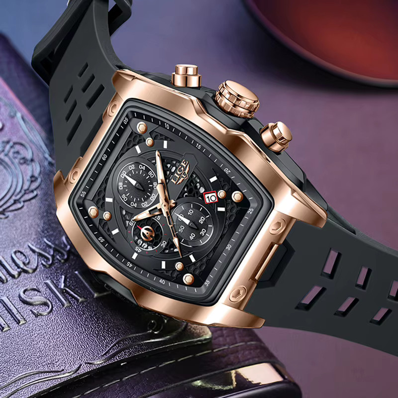 LIGE Chronograph, Quarz, Eckig, Silikon, Schwarz, Herren - Bild 2