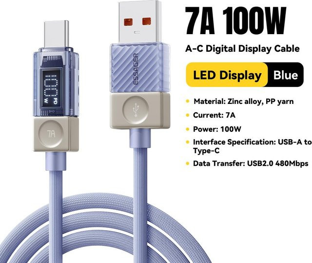 Essager 100W USB A auf USB C Schnellladekabel mit digitaler Anzeige, Blau, 1m - Bild 1