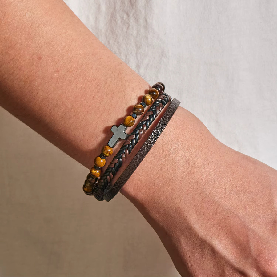 Rinhoo Armband, Leder, Perlen, Schwarz, Unisex - Bild 2