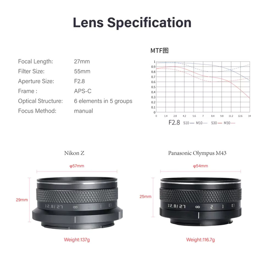 AstrHori APS-C 27mm F2.8 II Kameraobjektiv mit manuellem Fokus für Fujifilm XF-Mount und Canon EF-M in Schwarz oder Grau - Bild 5