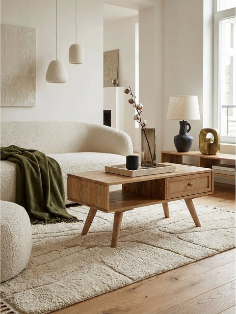 Couchtisch KADIMA DESIGN aus Mango Massivholz und Rattan in Braun, B/T/H: 90 x 40 x 45 cm - Bild 1