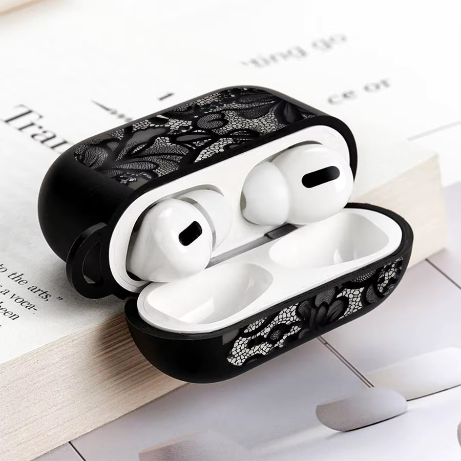 Apple AirPods Schutzhülle mit Cartoon-Spitzenblumenmuster in Schwarz für AirPods Pro, Pro 2, Pro 3, AirPods 1, 2 und 3 - Bild 6