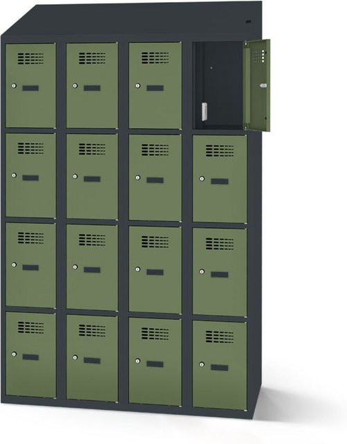 rotstahl Fächerschrank mit 16 Fächern und Ladefunktion, Korpus Anthrazitgrau, Front Hellgrün, B: 120 cm, H: 200 cm - Bild 1