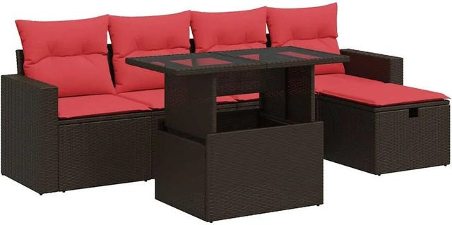 vidaXL 6-teilige Garten-Sofagarnitur in L-Form mit Kissen und Couchtisch, Braun, Poly-Rattan mit Metallgestell - Bild 1