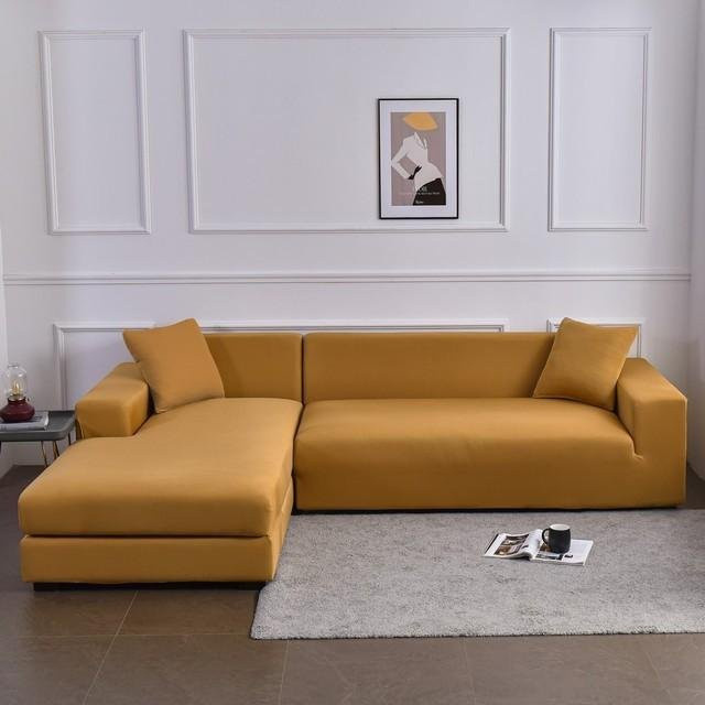 Wasserdichter Ecksofa-Bezug von Yiran Furniture aus elastischer Milchseide für L-förmige Sofas, Farbe: Gelb, XL 4-Sitzer, Breite: 235-300 cm - Bild 1