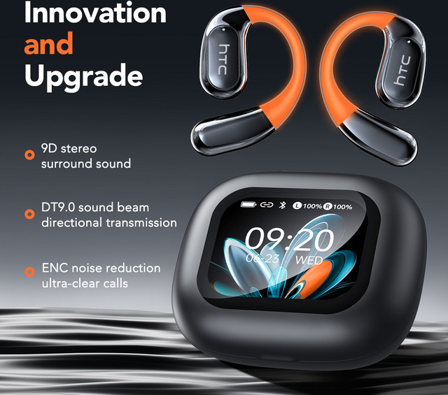 HTC NE27 Bluetooth Kabelloses Headset mit KI Echtzeit-Sprachübersetzer, In-Ear Ohrhörer mit Touch-LCD-Display und ENC, Schwarz - Bild 1