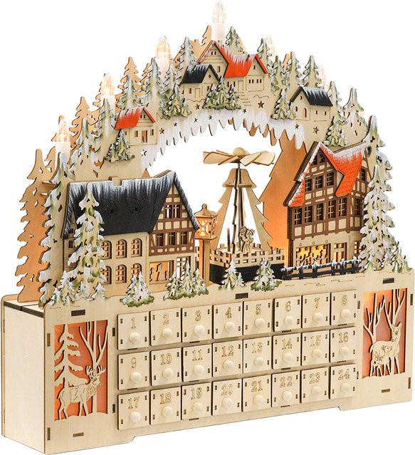 HOMCOM Adventskalender aus Naturholz mit 24 Schubladen und LED-Lichtern, braun, B: 45 cm, T: 9 cm, H: 42,5 cm - Bild 1