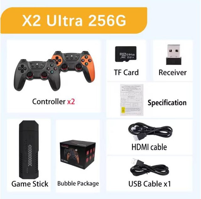 X2 Ultra Game Stick Retro-Spielekonsole mit 256GB Speicher, 60000+ Spielen, kabellosen Gamepads und HD-Ausgabe in Schwarz - Bild 1