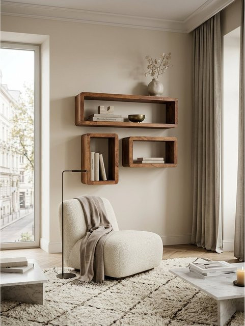 Wandregal Set KADIMA DESIGN aus Massivholz im Landhausstil, Braun, B/T/H: 80 x 15 x 20 cm - Bild 1