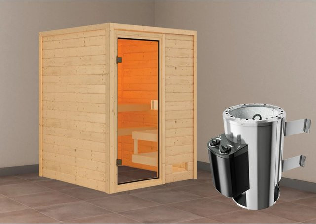 Karibu Massivholzsauna Sandra aus Fichtenholz mit 3,6 kW Ofen und integrierter Steuerung, Farbe Natur/Bronze/Braun, B/T/H: 145 x 145 x 187 cm - Bild 1