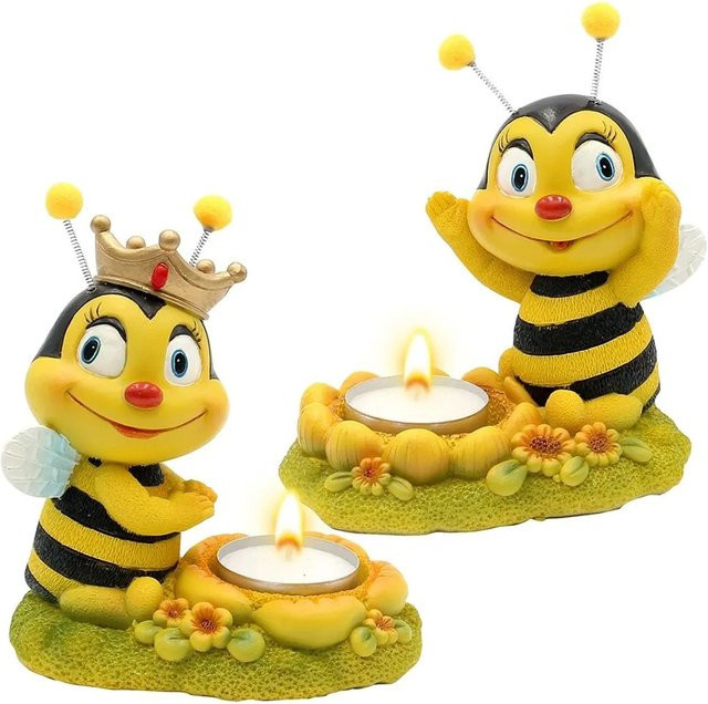 Dekohelden24 2er Set Bienenpaar Dekofiguren mit Teelichthalter aus Keramik und Polyresin in Schwarz und Gelb, B/T/H: 7 x 12 x 13 cm - Bild 1