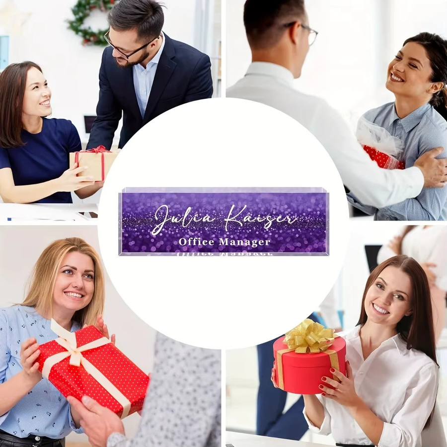 Personalisiertes Acryl-Schreibtisch-Namensschild von Hello Young mit lila Polka-Dot-Muster in Weiß, rechteckiges Tischschild aus Kunststoff für dein Büro - Bild 4