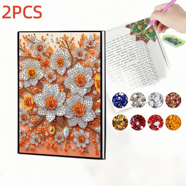 2er Set Diamond-Painting-Notizbuch mit Lesezeichen aus PU-Leder in Multicolour mit Blumenmuster und blanken Seiten - Bild 1