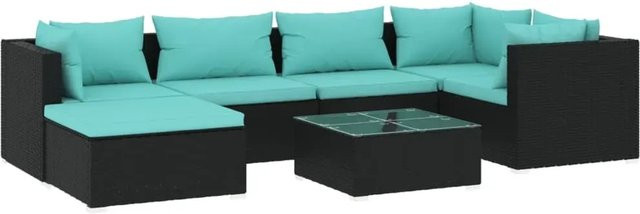 vidaXL 7-tlg Garten-Lounge-Set in L-Form aus Poly Rattan mit blauen Kissen und pulverbeschichtetem Stahlgestell in Schwarz - Bild 1