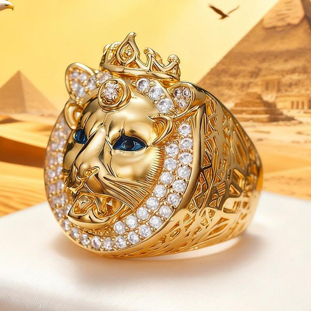 Huitan Ring, Löwenkopf, Messing, Gold, Zirkonia, Unisex - Bild 1