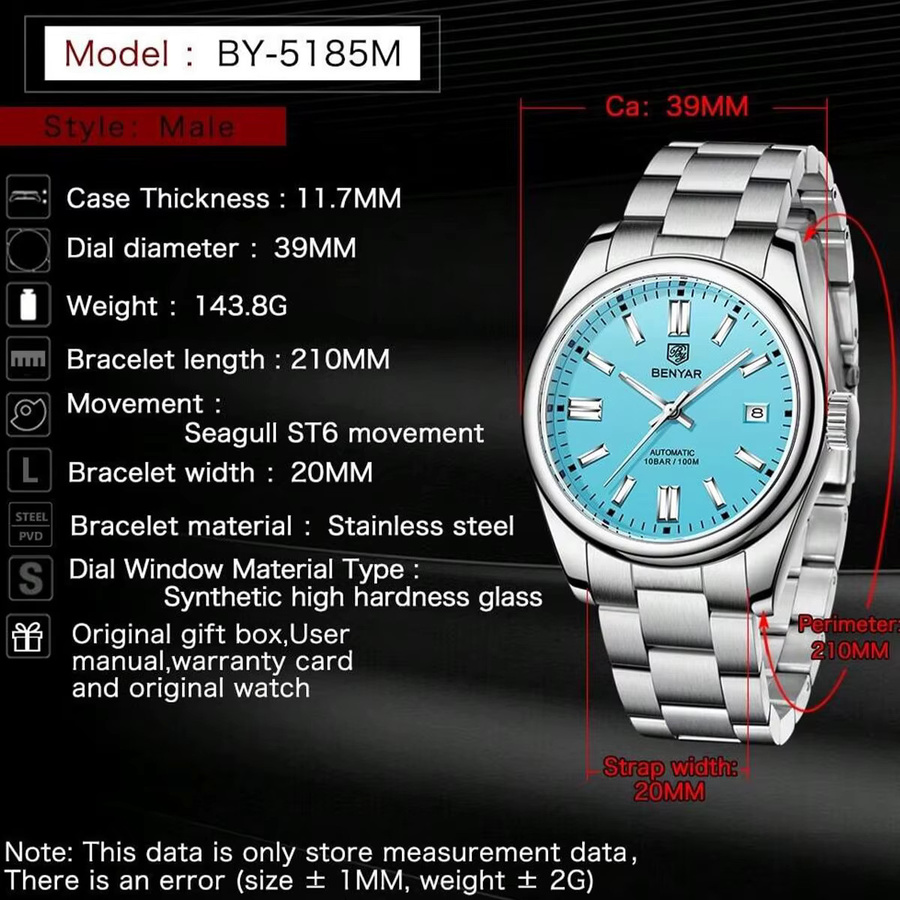 BENYAR Armbanduhr Automatik, Edelstahl, Blau, Herren - Bild 2