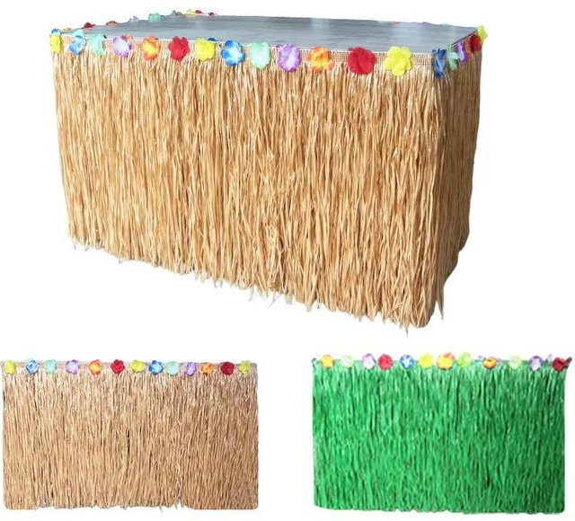 TOOLCRAFT Tropisches Party Tischdeko Set mit Hibiskusblattmuster und Stroh Quastenrock in Grün und Multicolour, Breite: 100 cm, Tiefe: 60 cm - Bild 1