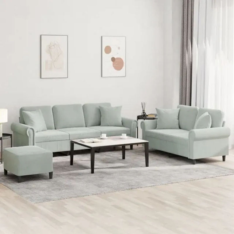 Vidaxl 3-teilige Sofagarnitur in Grau aus Samt mit Kissen und Metallgestell im modernen Design - Bild 1