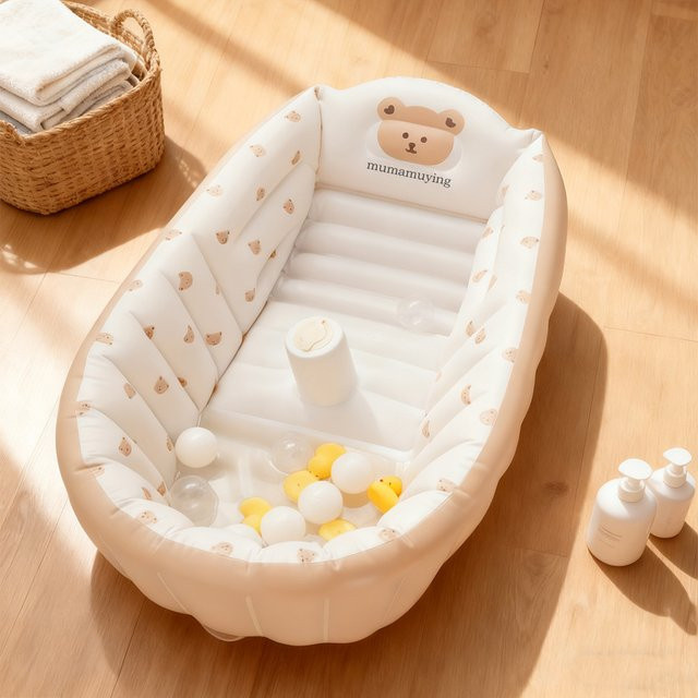 Mumamuying Tragbare Aufblasbare Baby-Badewanne in Beige, Rutschfeste Reise-Badewanne für Kinder - Bild 1