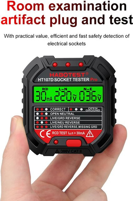 TELEHILL Digitaler Steckdosentester HT106/HT107 zur Spannungsprüfung mit NCV und RCD-Test, Schwarz - Bild 1