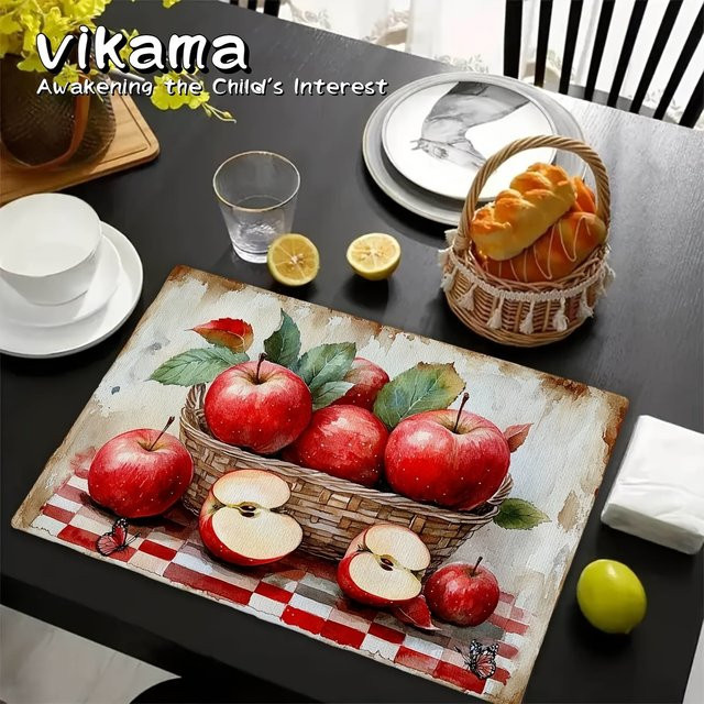 VIKAMA 4er-Pack Tischsets mit rotem Apfel-Aquarell-Design, waschbar und rutschfest, rechteckig - Bild 1