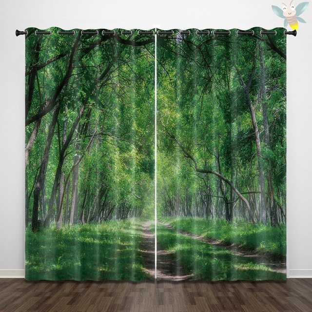 2er-Set Vorhänge mit grünem Waldbaum-Muster, halbtransparentes Naturlandschafts-Design für Wohnzimmer und Schlafzimmer, B: 160 cm, H: 214 cm - Bild 1