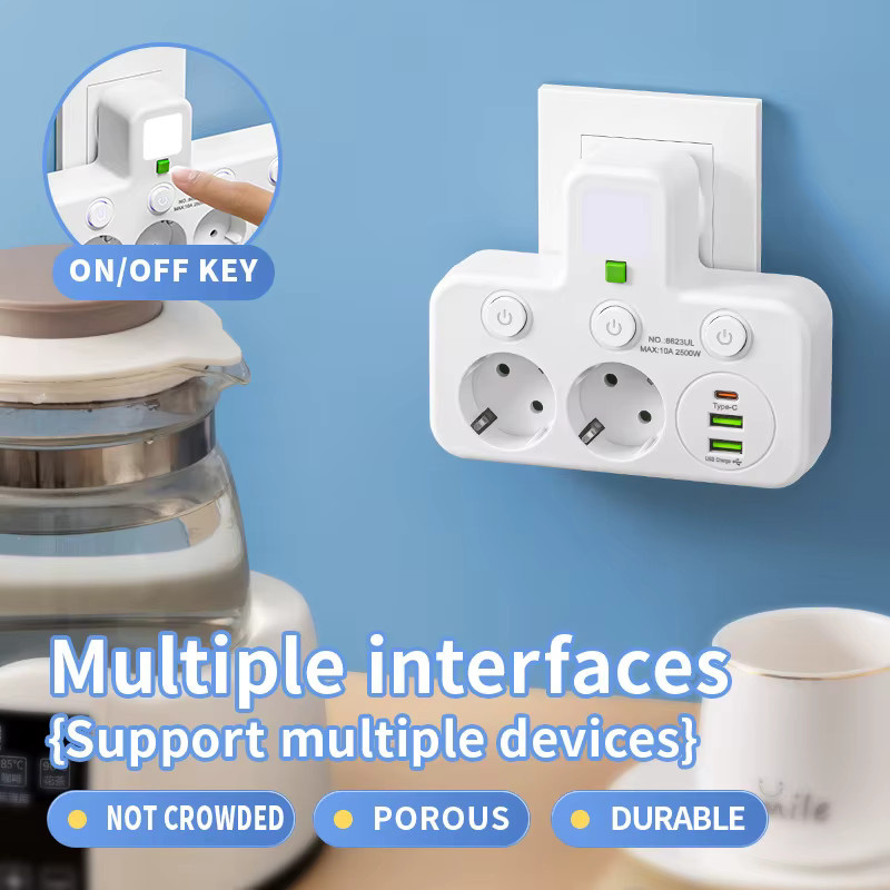 Szaoju Multitap Wandsteckdosenleiste mit 4 EU-Steckdosen, 2 USB-A und 1 USB-C Anschluss, 2500 W max. Stromversorgung, erhältlich in Schwarz oder Weiß - Bild 2