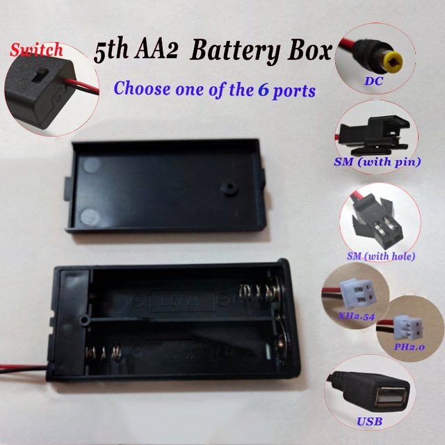 YuXi Batterie-Aufbewahrungsbox in Schwarz mit Schalter, Deckel und USB-C Anschluss für AA-Batterien mit PH2.0, XH2.54, SM und DC Anschlüssen - Bild 1