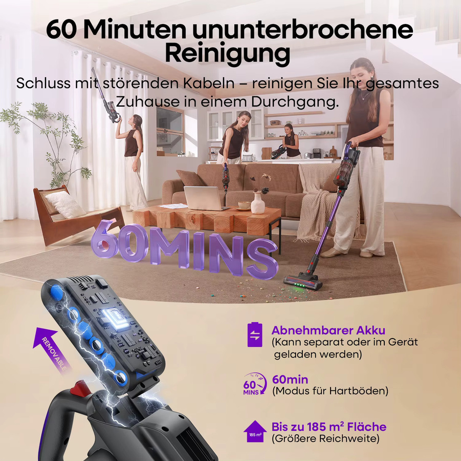 Erabros EV3 Kabelloser Handstaubsauger mit 500W Leistung, 60Kpa Saugkraft und Smart Home Integration, beutellos - Bild 3