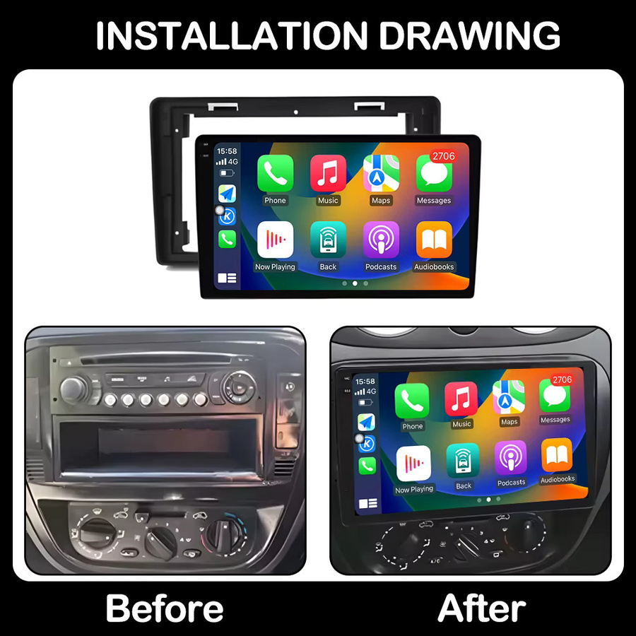 KJ-NAVI Multimedia Autoradio mit Android Auto und CarPlay für Citroen C2 C3, WiFi, GPS Navigation und DSP Stereo, Schwarz - Bild 3